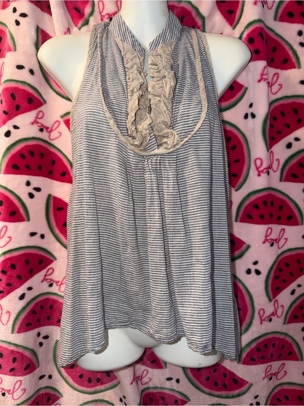 🩶 Liza Byrd Linen Striped Ruffle-Trim Tank